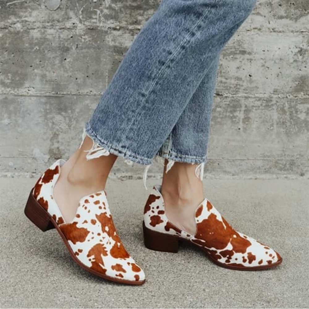 Chinese Laundry Fortune Brown and White Cow Print Booties